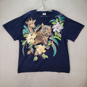 Vintage 90's Fast Navy Blue Puff Paint Tiger Giraffe Floral Unique Casual Tee